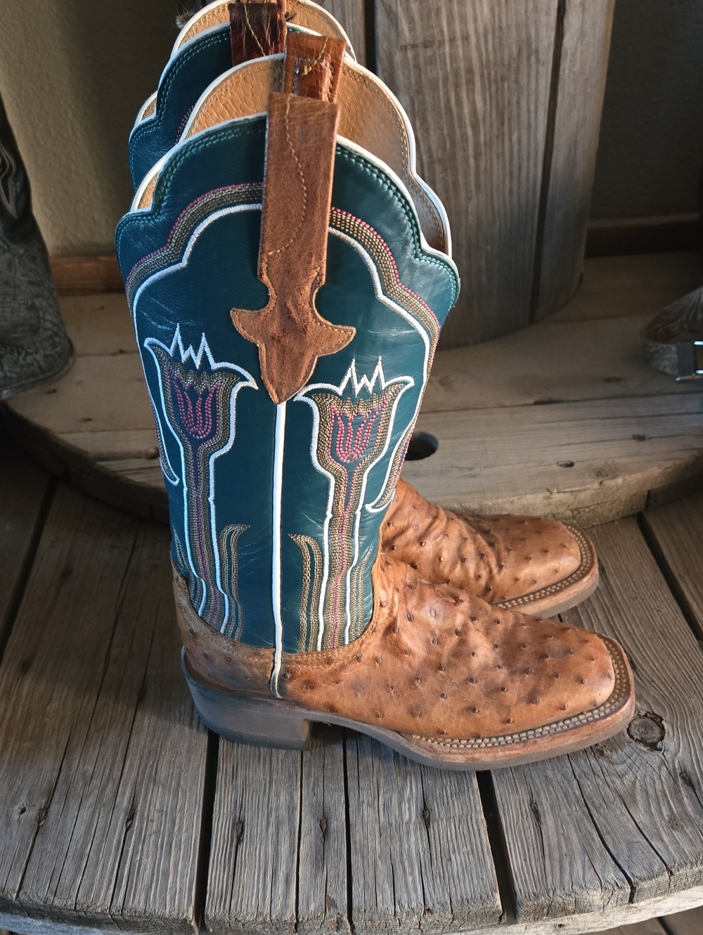 Lucchese  MAEVE Teal Shaft with Tan Ostrich Foot Cowboy Boots